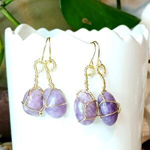 Gold Wire Wrapped Lepidolite Crystal Dangle Earrings - Hypoallergenic, 1.75"